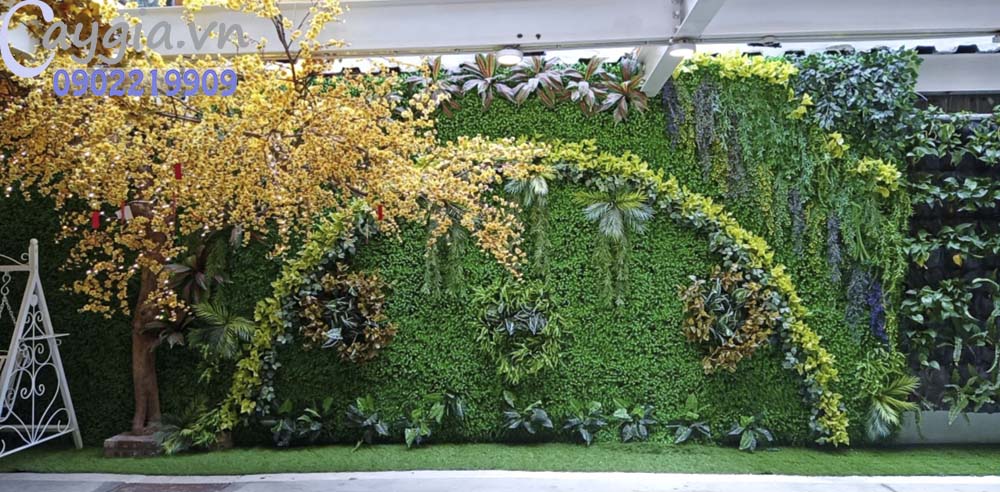 Tường cỏ giả kết hợp - Cây Hoa Giả Trang Trí , Mẫu tường cây cỏ giả